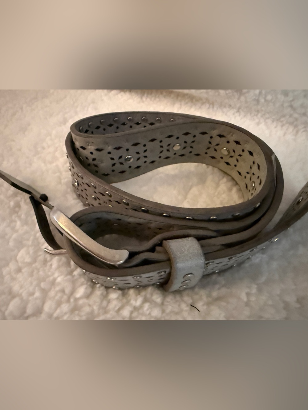 Gray Laser-Cut Studded Leather Belt - bke buckle